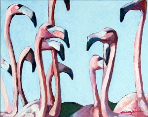 The Flamingos Are Watching Acrylic 10 x 8" Ingrid Manzione